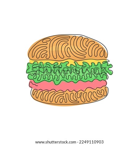 Single one line drawing hamburger, cheeseburger. Bun with cutlet, cheese, lettuce, tomato. American Street fast food. Swirl curl style. Modern continuous line draw design graphic vector illustration