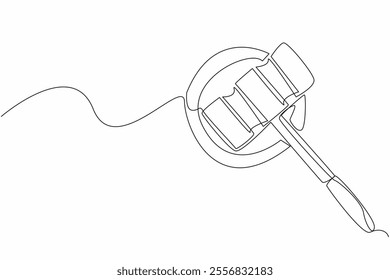 Single one line drawing hammer placed lying on a wooden cushion. The auction still closed, waiting for thorough preparation. National Auctioneers Day. Continuous line design graphic illustration