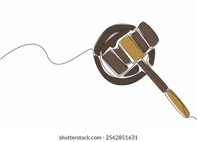 Single one line drawing hammer placed lying on a wooden cushion. The auction still closed, waiting for thorough preparation. National Auctioneers Day. Continuous line design graphic illustration