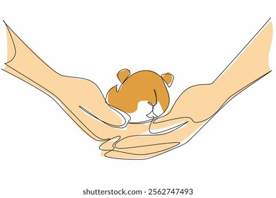 Single one line drawing the hamster is being held by two hands. Carried carefully and lovingly. Animal owner and lover. Adorable animal. World Hamster Day. Continuous line design graphic illustration