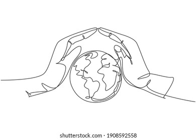 Single one line drawing of hand protect earth. Nature icon silhouette for environment concept. Infographics, community presentation isolated on white background. Design vector graphic illustration