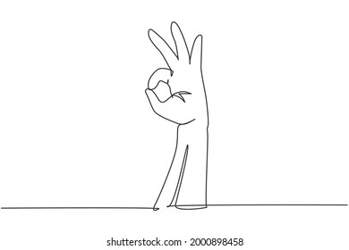 Single one line drawing hand showing okay or perfect gesture. Number three hand count. Learn to count numbers. Nonverbal signs or symbols. Modern continuous line design graphic vector illustration
