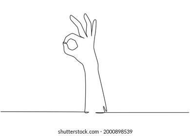 Single one line drawing hand showing okay or perfect gesture. Number three hand count. Learn to count numbers. Nonverbal signs or symbols. Continuous line draw design graphic vector illustration