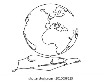 Single one line drawing of hand hold round earth. Globe icon silhouette for world protect concept. Infographics, business presentation isolated on white background. Design vector graphic illustration