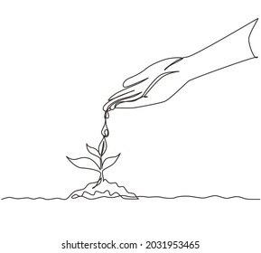 Single one line drawing hand nurturing and watering young baby plants growing in germination sequence on fertile soil. Agriculture ecology concept. Modern continuous line draw design graphic vector