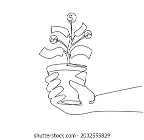 Single one line drawing hand with money plant in the pot. Money tree. Green cash banknotes with golden coins. Tree in a ceramic pot. Modern continuous line draw design graphic vector illustration