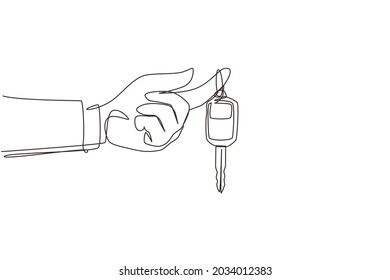 Single one line drawing hand holding hanging car key and alarm system. Hand holding car key with alarm keychain. Hand of car salesman manager holding key. Continuous line draw design graphic vector