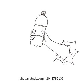 Single One Line Drawing Hand Holding Plastic Bottle Of Pure Drinking Water Refreshing, Splash Through Torn White Paper. Hungry And Thirsty Concept For Good Health. Continuous Line Draw Design Vector