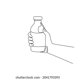 Single one line drawing hand holding fresh milk on bottle glass packaging healthy drink product. Fresh milk for health food nutrition. Modern continuous line draw design graphic vector illustration