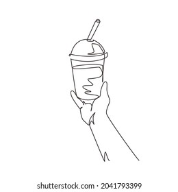 Single one line drawing hand holding plastic cup famous Taiwanese bubble tea  Take away glass and sticker pearl milk tea  Street Asian drinks at night market  Continuous line draw design vector
