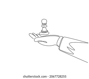 Single one line drawing hand holding pawn chess figure. Business strategy management. Partnership offer. Sport, competition, competitive, strategic. Continuous line draw design vector illustration
