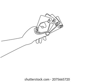 Single one line drawing hand holding four aces, bridge playing card concept. Hand holds playing cards: spades, hearts, diamonds and clubs. Magic game symbol. Continuous line draw design graphic vector