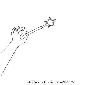 Single One Line Drawing Hand Holding Magic Wand. Decorative Magic Wand With Magic Trace. Star Shape Magic Accessory. Magical Girl Cartoon Power. Continuous Line Draw Design Graphic Vector Illustration