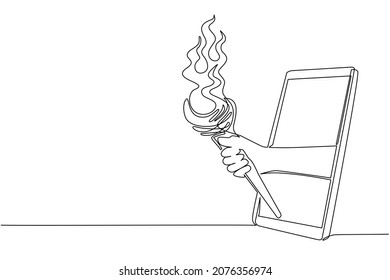 Single one line drawing hand holding prehistoric torch through mobile phone. Concept of mobile games, e-sport, entertainment application for smartphone. Continuous line draw design vector illustration