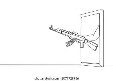 Single One Line Drawing Hand Holding AK 47 Kalashnikov Assault Rifle Through Mobile Phone. Concept Of Battle Video Games, E-sport, Entertainment App For Smartphones. Continuous Line Draw Design Vector