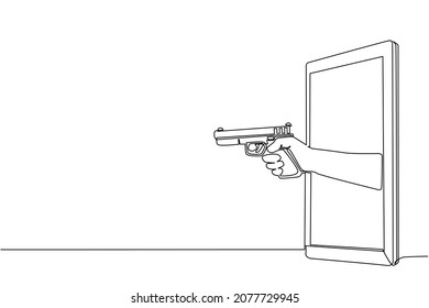 Una sola línea dibujando mano sosteniendo una pistola a través del teléfono móvil. Concepto de videojuegos de oficiales de policía, e-sport, aplicación de entretenimiento para smartphones. Vector gráfico de diseño de trazos de línea continua