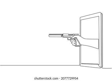 Single one line drawing hand holding pistol with silencer through mobile phone. Concept of mafia video games, e-sport, entertainment application for smartphones. Continuous line draw design vector