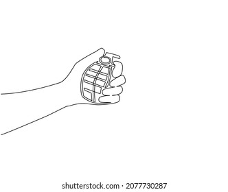 Single one line drawing hand holding grenade. Army explosive weapon equipment symbol icon isolated. Offensive individual soldier weapon. Modern continuous line draw design graphic vector illustration