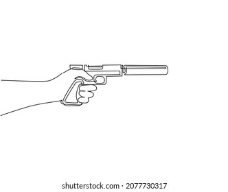 Single one line drawing hand holding pistol with silencer. Mafia gangster gun with silencer, handgun silhouette, gun isolated on white. Modern continuous line draw design graphic vector illustration