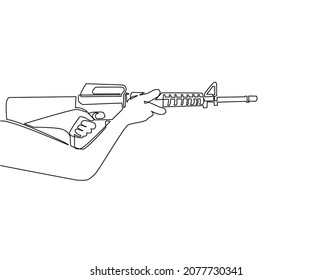 Single One Line Drawing Hand Holding Automatic Machine M-16. Tactical Assault Rifle. Army And Police Weapons. Powerful Deadly Weapon For Special Unit Fire Arm. Continuous Line Draw Design Vector