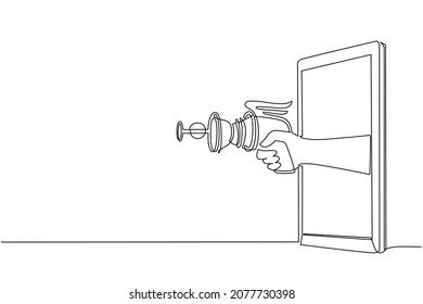 Single one line drawing hand holding space blaster through mobile phone. Concept of battle video games, e-sport, entertainment application for smartphones. Continuous line draw design graphic vector