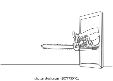 Single one line drawing hand holding chainsaw through mobile phone. Concept of lumberjack video games, e-sport, entertainment application for smartphones. Continuous line draw design graphic vector