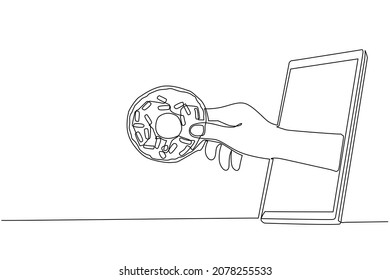 Single one line drawing hand holding donuts through mobile phone. Concept of restaurant order delivery online food. Application for smartphones. Continuous line draw design graphic vector illustration