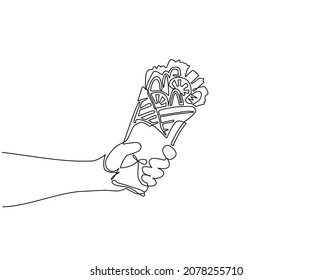 Single one line drawing hand holding shawarma food. Delicious arabic roll with meat, salad, tomato. Kebab with chicken and onion. For restaurant menu. Continuous line draw design vector illustration