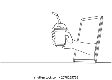 Single one line drawing hand holding bubble tea cup and straw through mobile phone  Concept cafe drink order delivery online food  Application for smartphones  Continuous line draw design vector