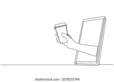 Single one line drawing hand holding coffee paper cup through mobile phone. Concept of cafe drink order delivery online food. Application for smartphones. Continuous line draw design graphic vector