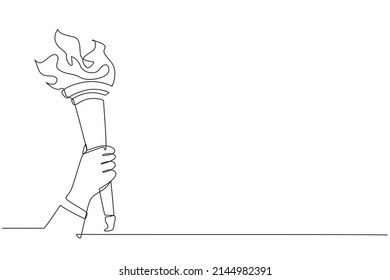 Single one line drawing hand holding golden torch and fire flame  Symbol for sport competition tournament  Flame   sports  Education   lighting  Continuous line design graphic vector illustration