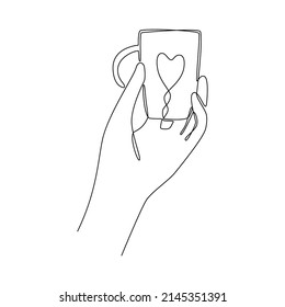 Single one line drawing of hand holding a ceramic mug. Hot coffee or tea concept. Template for print, menu, postcard, invitation, advertisement. Sketch, line art. Minimalist style. Vector illustration