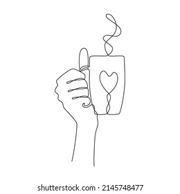 Single one line drawing of hand holding a mug with a heart. Concept of hot coffee or tea made with love. Template for print, menu, card, invitation, advertisement. Sketch, line art. Minimalist style.