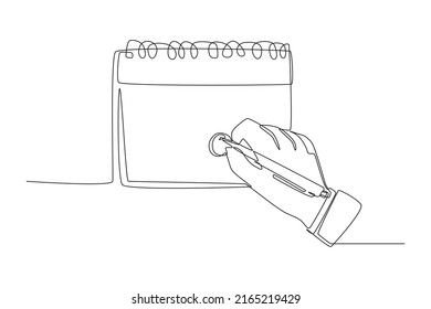 Single one line drawing Hand with pen mark calendar. Planning and scheduling concept. Continuous line draw design graphic vector illustration.