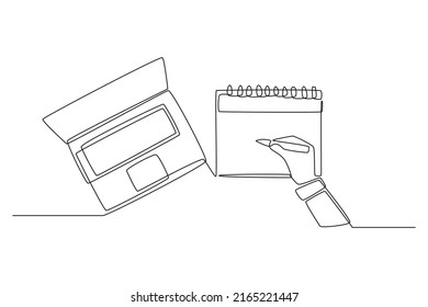 Mano de dibujo de una sola línea con calendario de marca de lápiz y verificación con portátil. Concepto de planificación y programación. Ilustración gráfica de vector de diseño de línea continua.