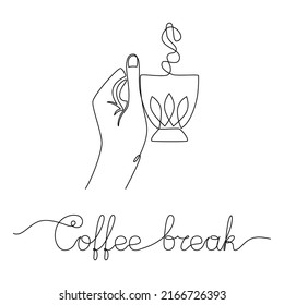 Single one line drawing of hand holding a mug with inscription Coffee break. Hot beverage with steam. Template for print, card, menu, logo, poster, invitation. Sketch, line art. Minimalist style