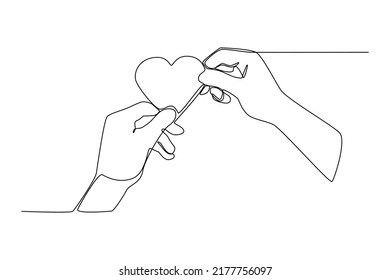 Una sola línea dibujando la mano da el símbolo del corazón a la otra mano. Concepto del Día Mundial de la Caridad. Ilustración gráfica de vector de diseño de línea continua.