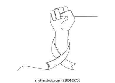 Single one line drawing Hand holding ribbon for child cancer care. Childhood Cancer Awareness Month Concept. Continuous line draw design graphic vector illustration.