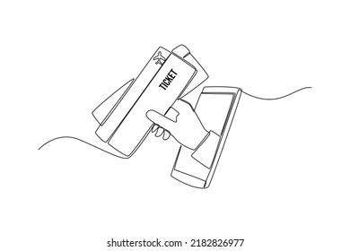 Single One Line Drawing Hand Holding Plane Ticket Booked Online By  Smartphone. Online Ticket Concept.  Continuous Line Draw Design Graphic Vector Illustration.