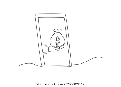 Single one line drawing hand hold money bag in smartphone. Financial technology concept. Continuous line draw design graphic vector illustration.