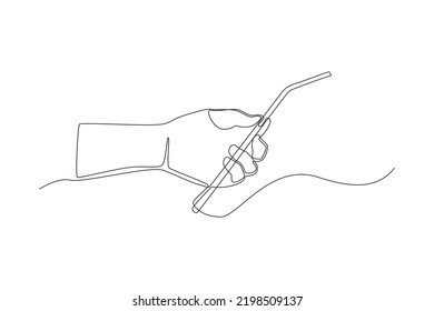 Single one line drawing hand hold metal tube for drinking. Zero waste concept. Continuous line draw design graphic vector illustration.