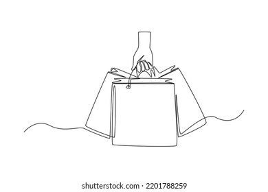 Single one line drawing hand holding shopping bags. Black Friday concept. Continuous line draw design graphic vector illustration.