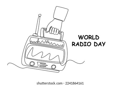 Una sola línea de dibujo con una radio clásica. Concepto del Día Mundial de la Radio. Ilustración gráfica de vector de diseño de línea continua.