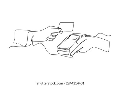 Dibujo de una sola línea utilizando una tarjeta de crédito o débito para las transacciones a través de la terminal. Concepto de pago sin efectivo. Ilustración gráfica de vector de diseño de línea continua.