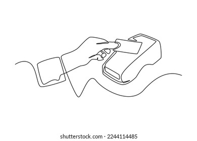 Single one line drawing hand using a credit or debit card for transactions through the terminal. Cashless payment concept. Continuous line draw design graphic vector illustration.