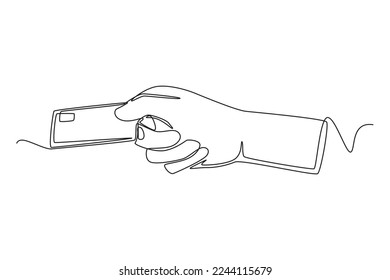 Tarjeta de retención manual de una sola línea para las transacciones de pago. Concepto de pago sin efectivo. Ilustración gráfica de vector de diseño de línea continua.
