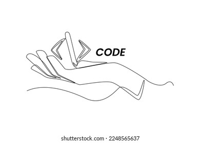 Single one line drawing hand holding programming code. Programming code concept. Continuous line draw design graphic vector illustration.