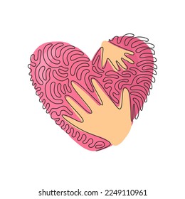 Dibujo de una sola línea con la mano tocando el corazón, plantilla de forma. Logo del corazón táctil manual para proteger el símbolo de la naturaleza. Estilo de círculo de curvas giratorias. Ilustración de líneas continuas moderna de diseño gráfico vectorial