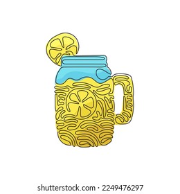 Single one line drawing hand drawn lemon, lemon slice, jar with lemonade. Freshness cold drink water in summer. Swirl curl style. Modern continuous line draw design graphic vector illustration