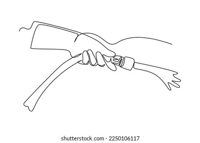 Single one line drawing Hand holding spray water hose. World water day Concept. Continuous line draw design graphic vector illustration.